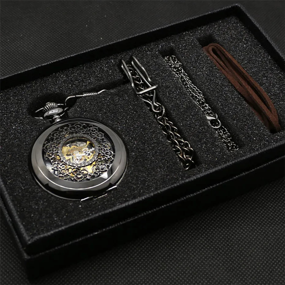 Antique Mechanical Pocket Watch Hand-Winding Hanging Pendant Clock with Necklace Chain+Leather Chains Present Sets for Men