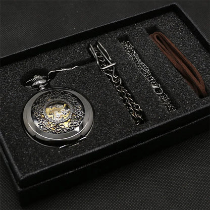Antique Mechanical Pocket Watch Hand-Winding Hanging Pendant Clock with Necklace Chain+Leather Chains Present Sets for Men