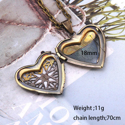 Heart Carved Flower stripe Locket Pendant Necklace
