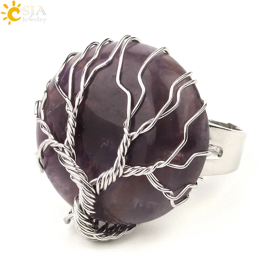 CSJA Natural Stone Round Cabochon Ring Silver Color Reiki Tree of Life Wire Wrap Finger Rings Size Adjustable for Women Men G241