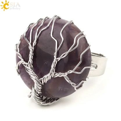 CSJA Natural Stone Round Cabochon Ring Silver Color Reiki Tree of Life Wire Wrap Finger Rings Size Adjustable for Women Men G241
