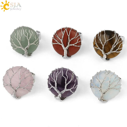 CSJA Natural Stone Round Cabochon Ring Silver Color Reiki Tree of Life Wire Wrap Finger Rings Size Adjustable for Women Men G241