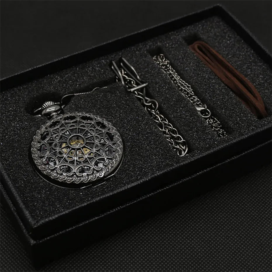Antique Mechanical Pocket Watch Hand-Winding Hanging Pendant Clock with Necklace Chain+Leather Chains Present Sets for Men