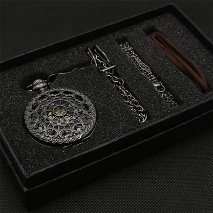 Antique Mechanical Pocket Watch Hand-Winding Hanging Pendant Clock with Necklace Chain+Leather Chains Present Sets for Men