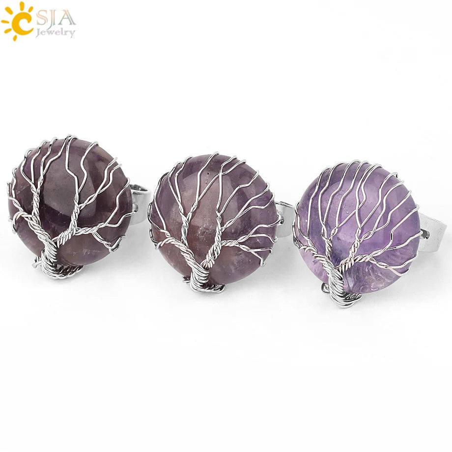 CSJA Natural Stone Round Cabochon Ring Silver Color Reiki Tree of Life Wire Wrap Finger Rings Size Adjustable for Women Men G241