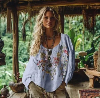 Women's Round Neck Long Sleeve Bohemian Top