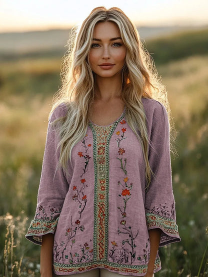 Women's Round Neck Long Sleeve Bohemian Top