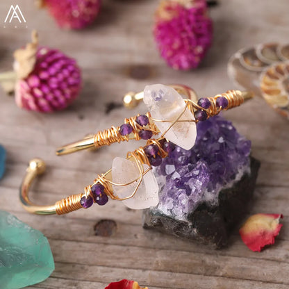 Natural White Quartz Chunky Beads Open Cuff Bangle Women Amethysts Quartz Round Beads Wire Wrap Gold Copper Open Bracelet