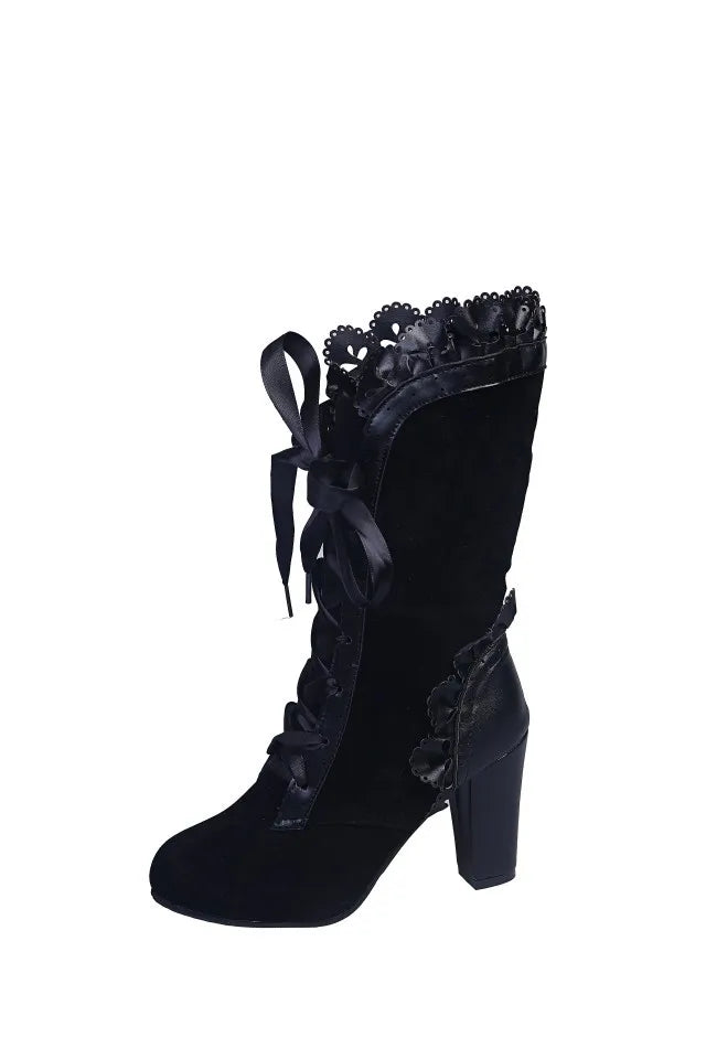 High Heel Vintage Leather Suede Lace Up Mid Calf Boots