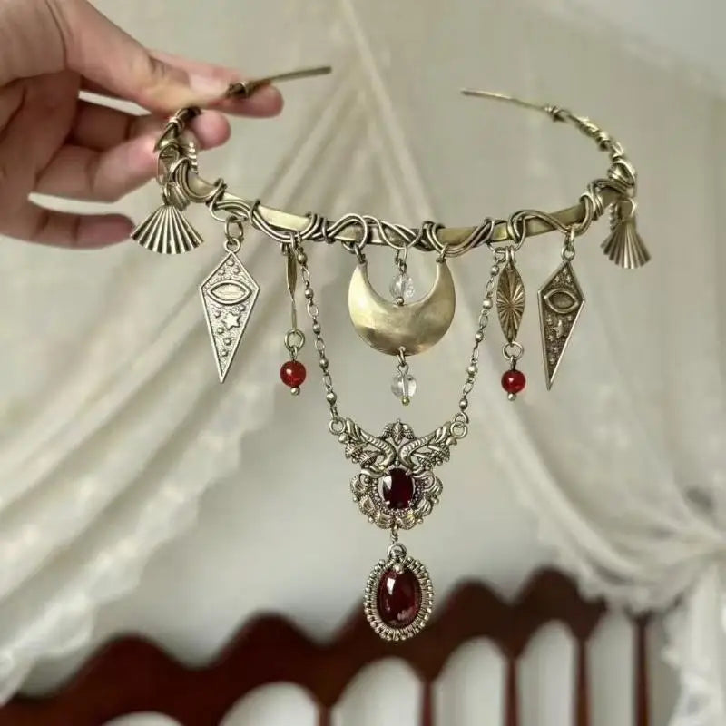 Vintage Glamorous  Red Crystal Moon Pendant Necklace