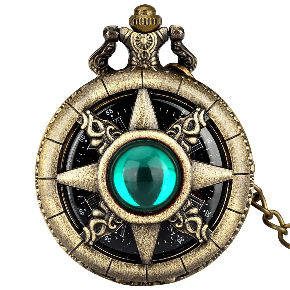 Hollow Sun Rhinestone Decorated Chic Bronze Quartz Pocket Watch Men Women Black Starry Roman Numerals Fob Chain Pendant Clock