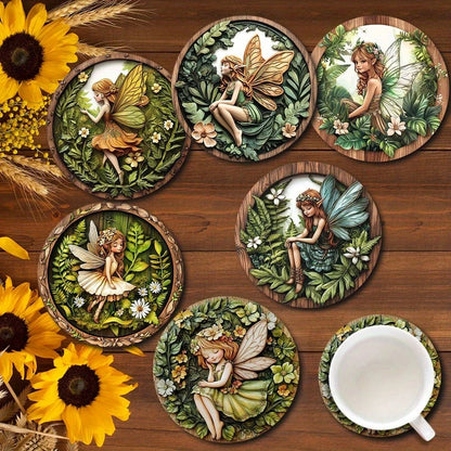 6 Pieces Wooden Coasters Green Elf Pattern