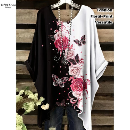 Butterfly Flower Pattern Printed Tail Hem Round Neck T-Shirt