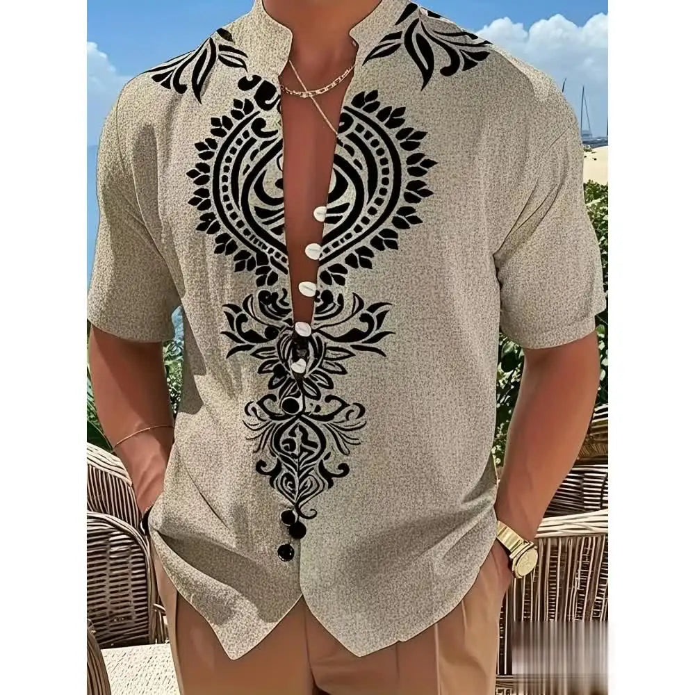 Men's Linen Short-Sleeved Shirt Ethnic Totem Print