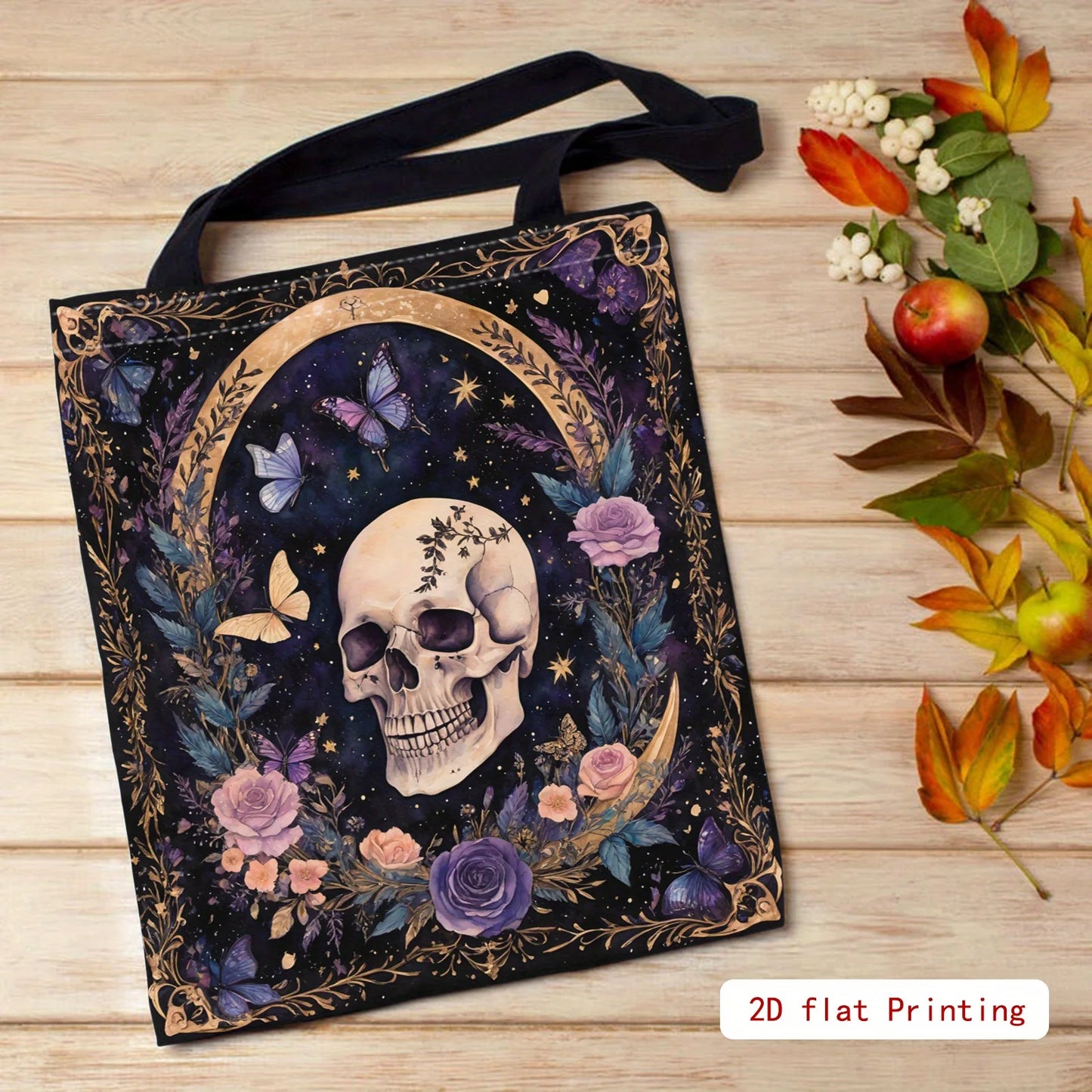 Women's Gothic Tote Bag - Large Capacity Open Top Purse with Elegant Skull & Floral Design (Purple/Black/ Golden/)