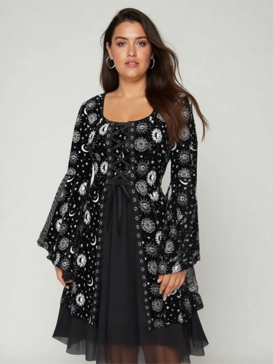 Gothic Sun Moon Star Printed Dress