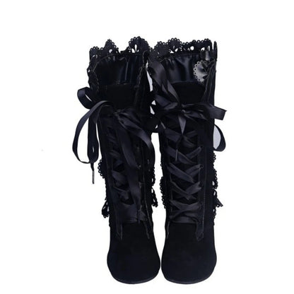 High Heel Vintage Leather Suede Lace Up Mid Calf Boots