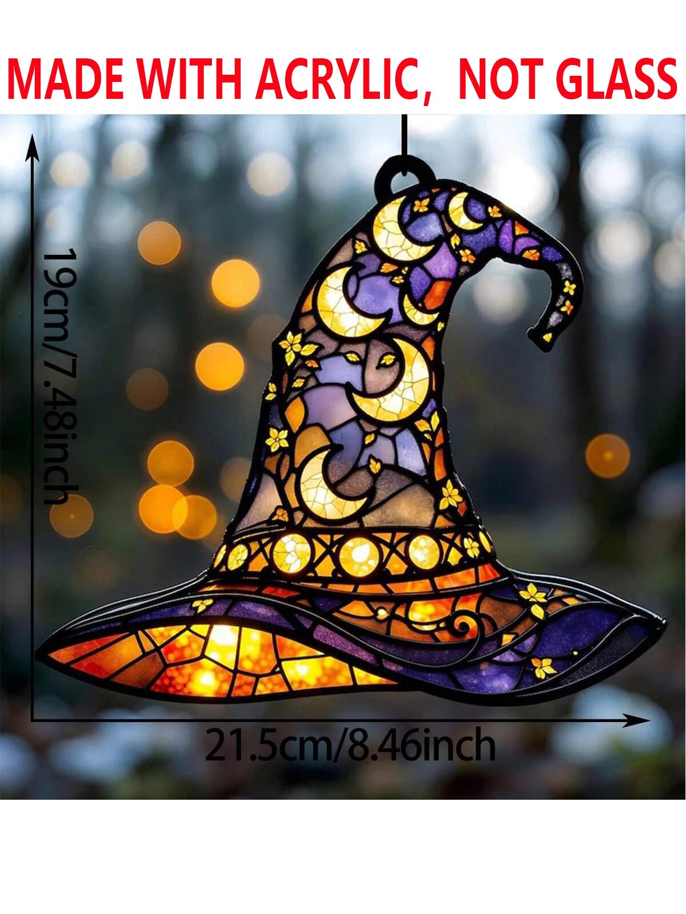 Halloween Witch Hat Window Hanging Acrylic Sun Catchers Hat Shaped with Moon & Floral Pendant Wall Decortions for Home & Garden
