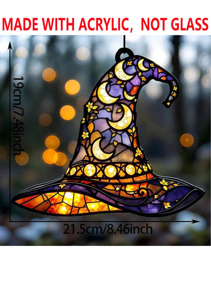 Halloween Witch Hat Window Hanging Acrylic Sun Catchers Hat Shaped with Moon & Floral Pendant Wall Decortions for Home & Garden