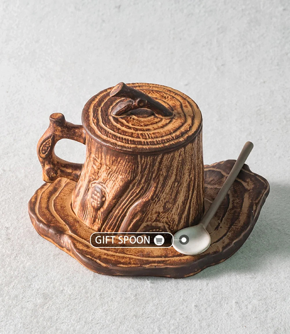 Original Wood Texture Ceramic Coffee Mug with Lid