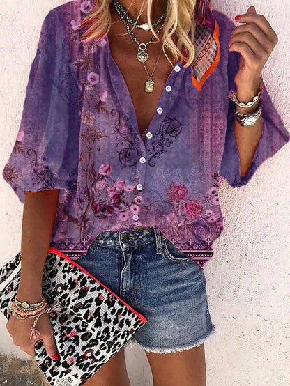 Western Style Geometric Print Three-Quarter Sleeve Women's Blouse