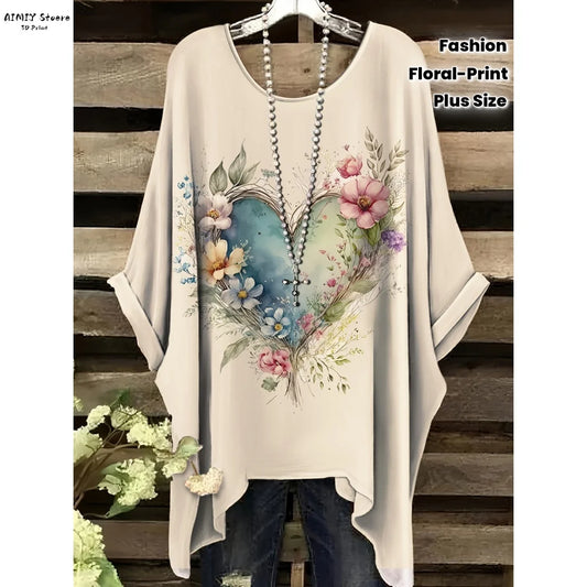 Bohemian Oversized Vintage Floral Print Irregular Hem Round Neck T-Shirt