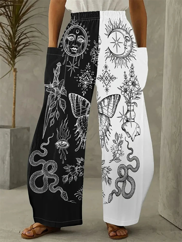 Wide-legged Pants Elegant Sun, Moon And Star Print