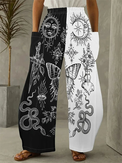 Wide-legged Pants Elegant Sun, Moon And Star Print