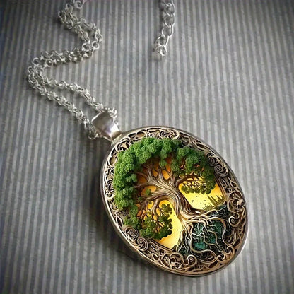 Elegant Tree of Life Elliptical Glass Alloy Pendant Necklace