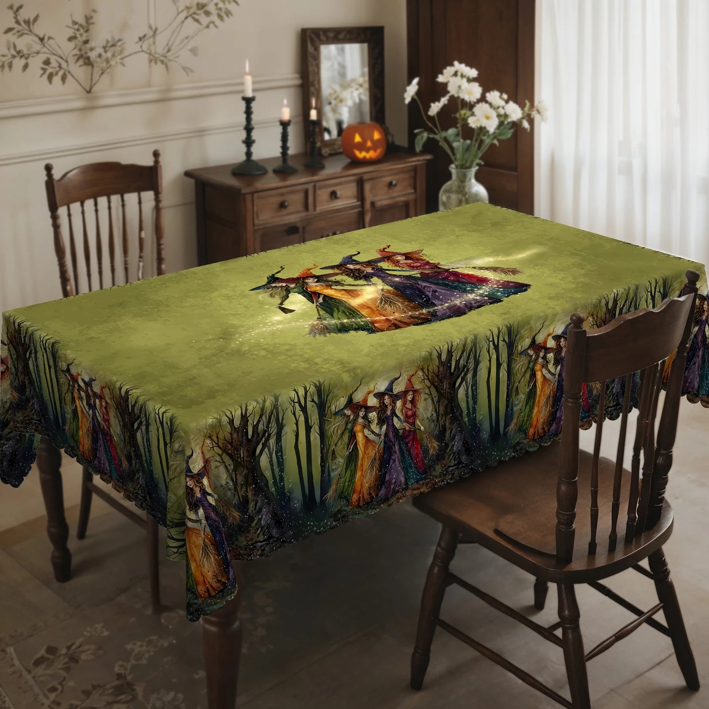 Retro Magic Broom Witch Pattern Tablecloth