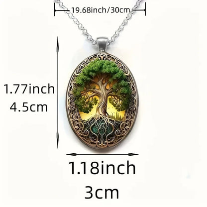 Elegant Tree of Life Elliptical Glass Alloy Pendant Necklace