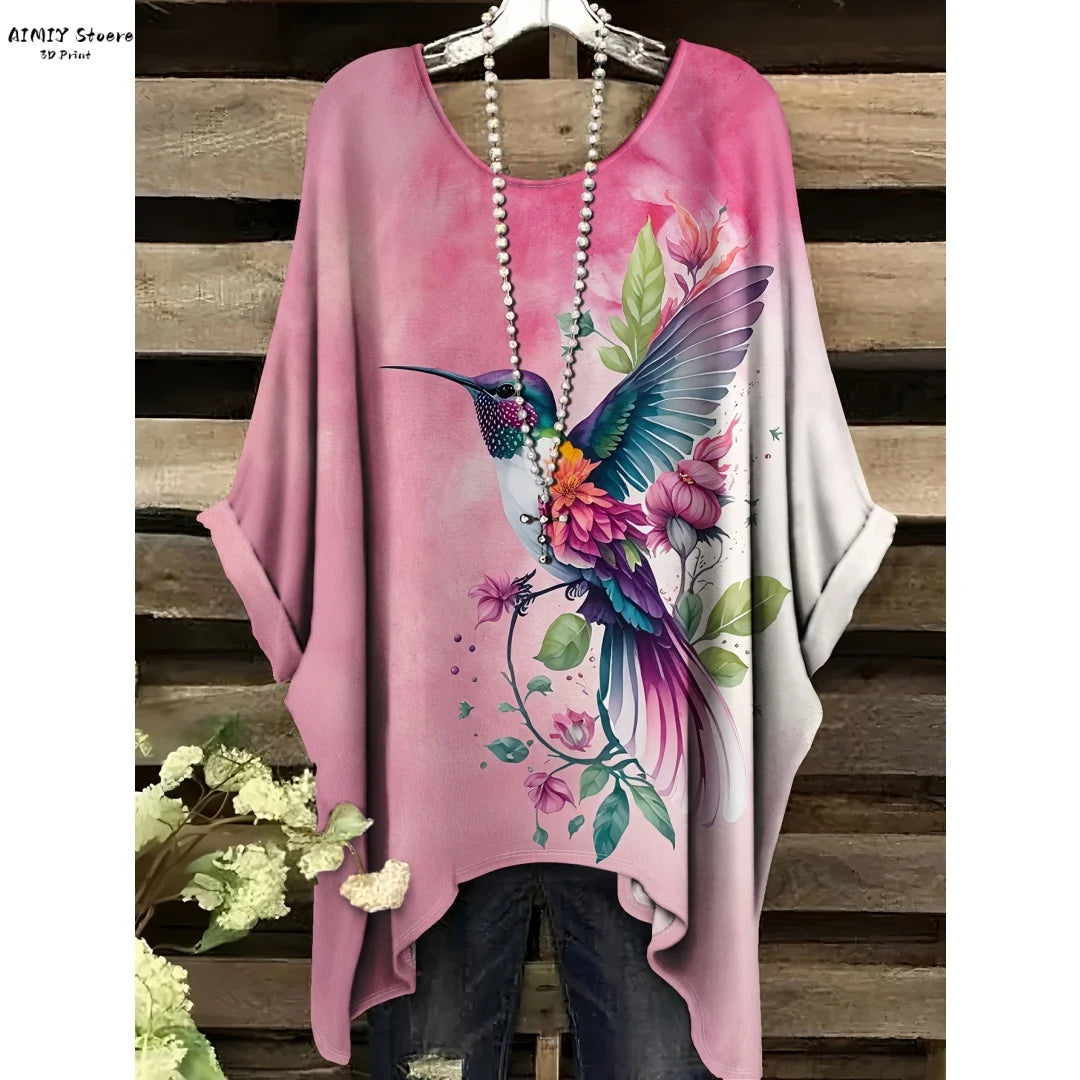 Butterfly Flower Pattern Printed Tail Hem Round Neck T-Shirt