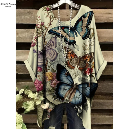Butterfly Flower Pattern Printed Tail Hem Round Neck T-Shirt