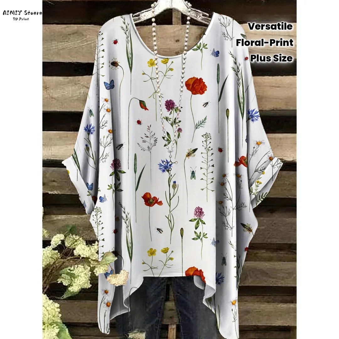 Butterfly Flower Pattern Printed Tail Hem Round Neck T-Shirt