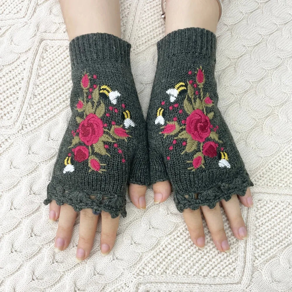 Vintage Embroidery Knitted Fingerless Gloves