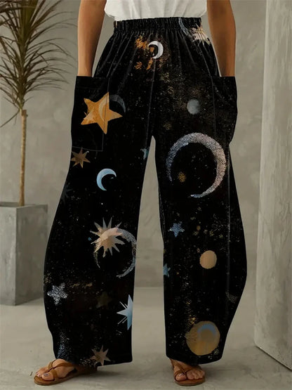 Wide-legged Pants Elegant Sun, Moon And Star Print