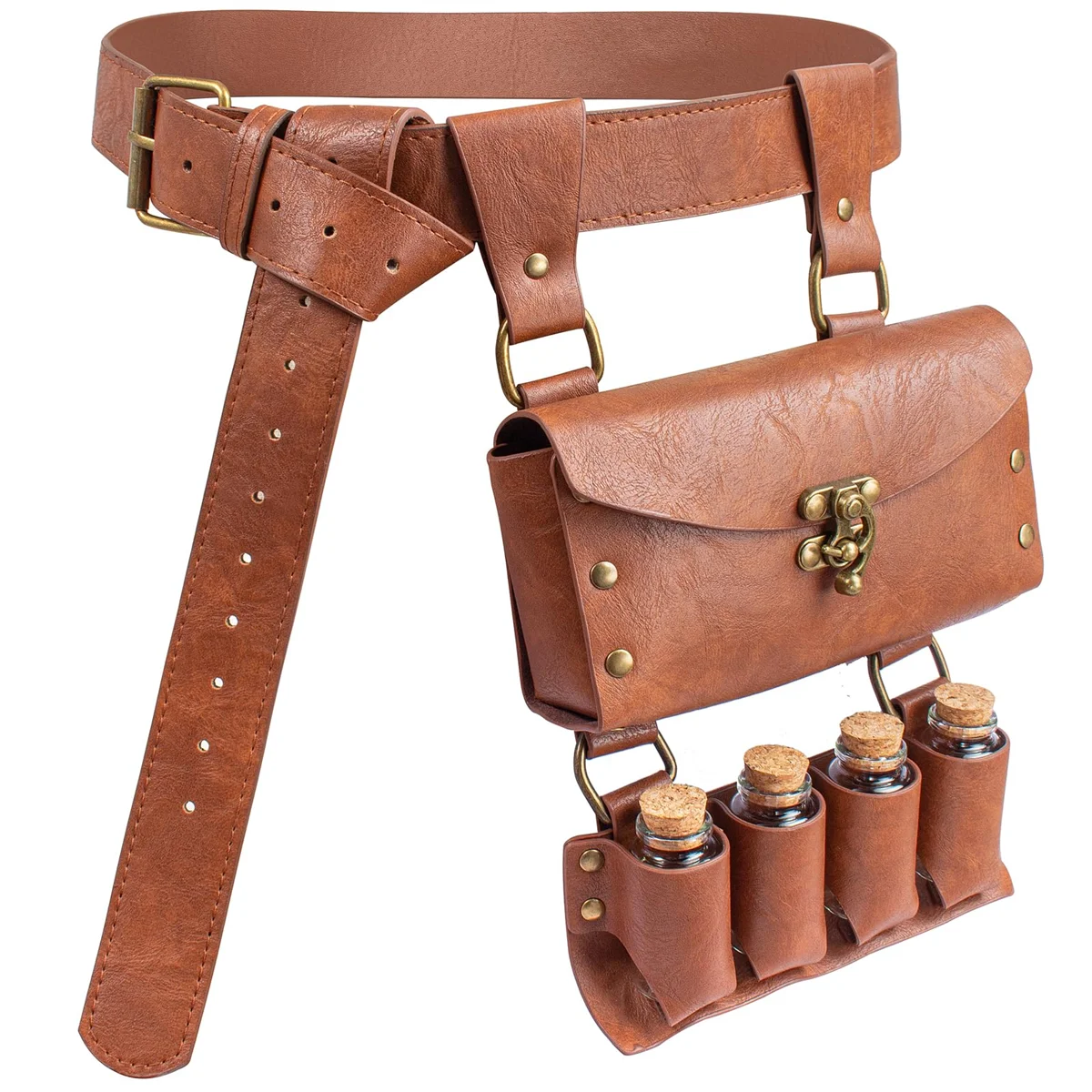 Renaissance Leather Belt Medieval Wizard Alchemy Glass Magic Bottle Cork Bottle Stopper Copper Coin Waist Bag Cosplay Belt