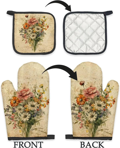 Vintage Floral Flowers Oven Mitts and Pot Holders Set