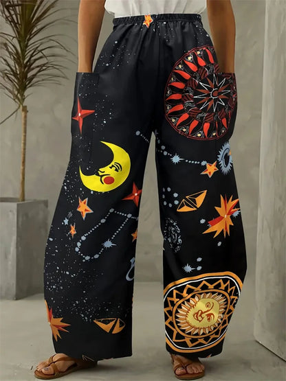 Wide-legged Pants Elegant Sun, Moon And Star Print