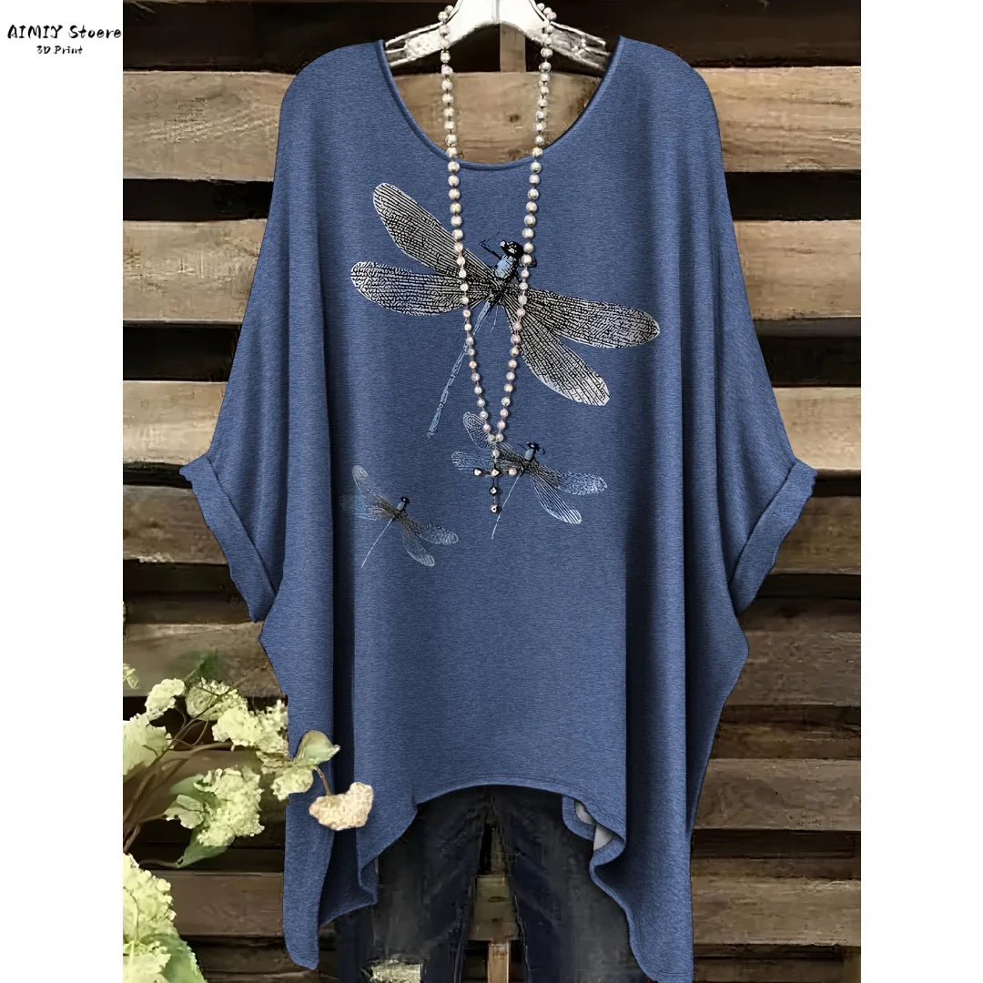 Butterfly Flower Pattern Printed Tail Hem Round Neck T-Shirt