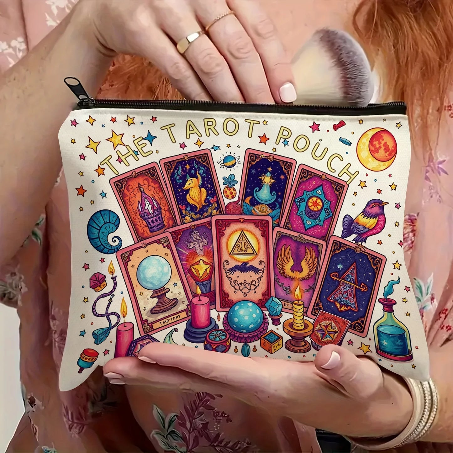 The Tarot Pouch Vibrant Cosmic Tarot Card Design Durable Polyester Compact & Portable Cosmetic Bag for Daily Use or Travel Pouch