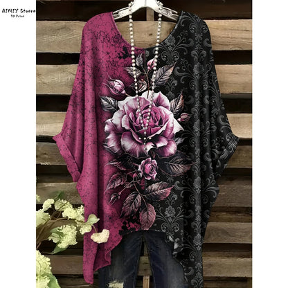 Butterfly Flower Pattern Printed Tail Hem Round Neck T-Shirt
