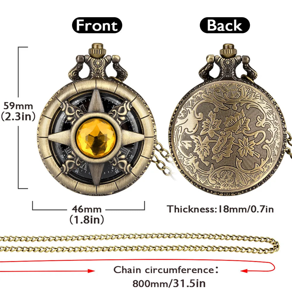 Hollow Sun Rhinestone Decorated Chic Bronze Quartz Pocket Watch Men Women Black Starry Roman Numerals Fob Chain Pendant Clock