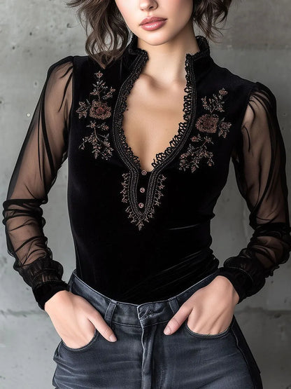 Women's Black Velvet Blouse Long Sleeve