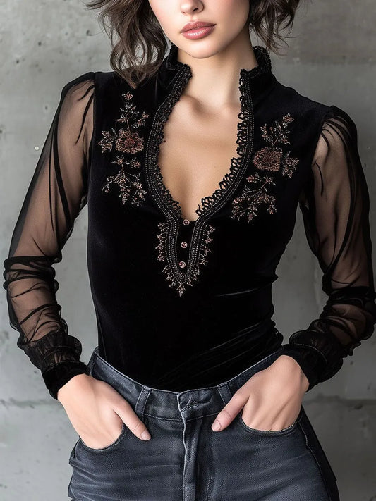 Women's Black Velvet Blouse Long Sleeve
