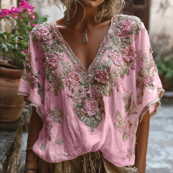 Floral Print Loose Tops Casual V-neck Short Sleeve