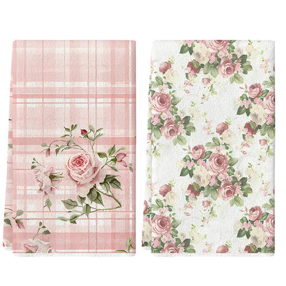 Pink Rose Plaid and All-Over Floral Kitchen Towels