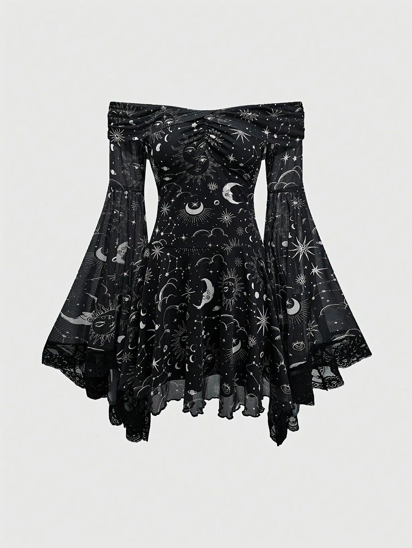 Gothic Style Vintage  Star Moon Long Sleeve A- Line Dress