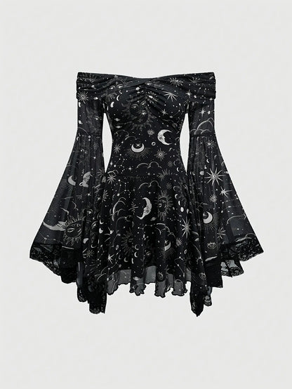 Gothic Style Vintage  Star Moon Long Sleeve A- Line Dress