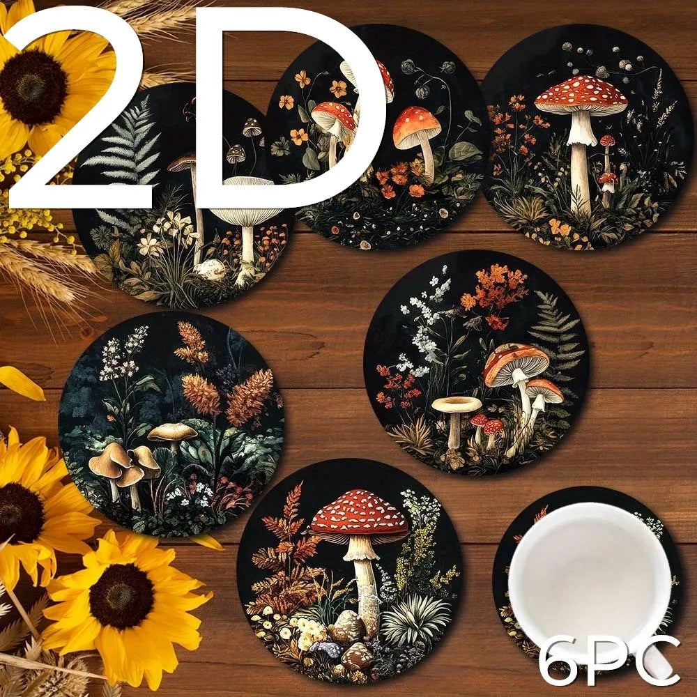 Set of 6 Mushroom Pattern Coasters Round